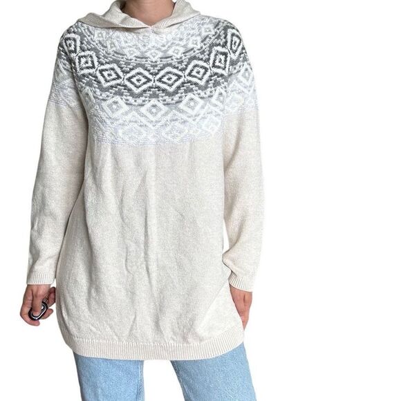 J. Jill Fair Isle Cream Hooded Tunic Sweater Knitted Size Medium Cotton Blend - Picture 3 of 11
